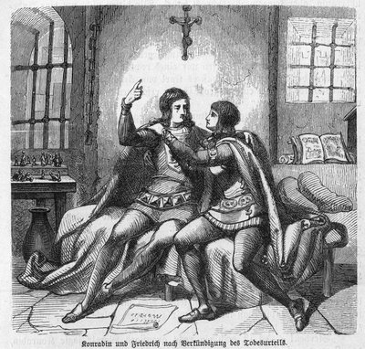 Conradin da Suábia e Frederick de Baden sendo informados da sua execução na prisão de Nápoles - Conradin da Suábia e Friedrich de Baden aguardando sentença - Conradin de Hohenstaufen, Rei da Sicília (Itália) e Jerusalém (Israel) sob o nome de Conrad de Unknown artist