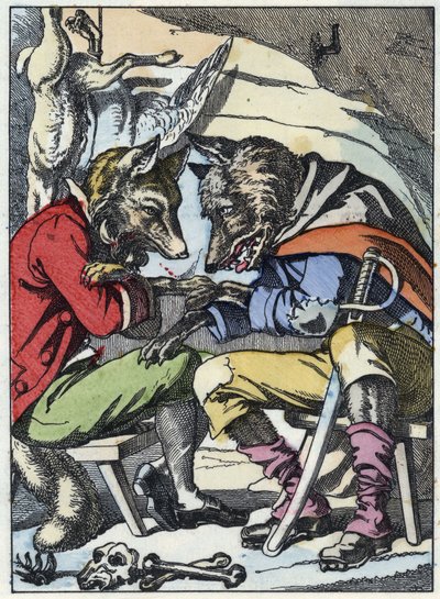 Conversa entre o lobo e a raposa. Ilustração do conto "Compere le Loup, Maitre Renard, Comere la Chevre et ses petits biquets" depois de uma fábula de Jean de la Fontaine. Em "Contos da casa para os pequenos". Gravação anónima dos de Unknown artist