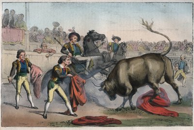 Tourada na Espanha: le picador - Bull Charging a Picador - gravura de "Usos e costumes de todos os povos do Universo". Ou seja, a História do Governo, Leis, Milícias e Religião de todas as Nações desde os tempos mais remotos até aos nossos dias. de Unknown artist