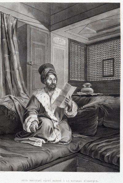 Fantasias e Retratos: Seyd Moustafa Pasha ferido na Batalha de Abouqyr (Aboukir) em "Descrição do Egito", Editora Imperial de Unknown artist