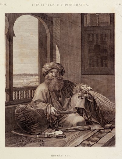 Fantasias e retratos: Mourad Bey (1750-1801) Mamluk chefe (Murad Bey chefe Mamluk egípcio (Bey)) em "Descrição do Egito", Edições Imperiais de Unknown artist