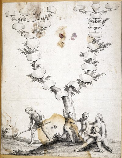 Casal com filhos aos pés de uma árvore genealógica virgem - gravura de Unknown artist