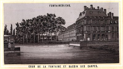 Pátio da fonte e da bacia das carpas de Fontainebleau (Sena e Marne, região de Ile-de-France, França). Cromolitografia do final do século XIX. de Unknown artist