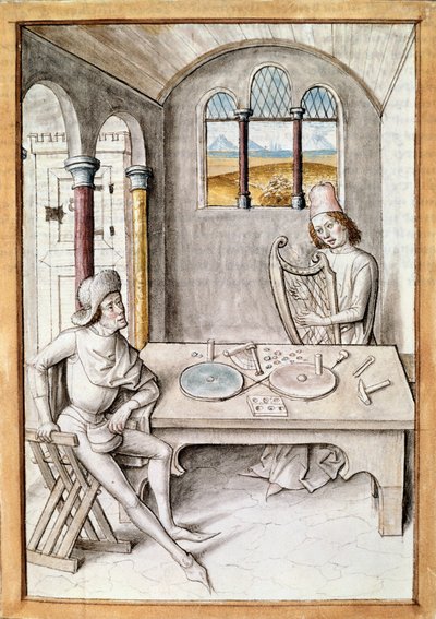 Artesanato: fator harpa. Uma oficina de fabrico de instrumentos. Miniatura de um manuscrito de "As Fábulas de Bidpai". de Unknown artist