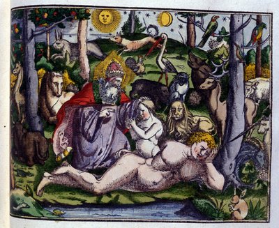 A criação: Deus representado rodeado por seres humanos e animais (cão, grou, leão, veado, castor, macaco, unicórnio, javali, papagaios, coelho...), segundo Historiae animalium de Konrad Gesner, Tiguri de Unknown artist