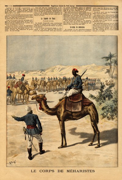 Criação de um corpo especial de Meharists para a conquete francesa do Sudão, a fim de lutar contra os tuaregues. Meharis, pode ficar uma semana sem comer, trotar à velocidade de um cavalo galopante, pode viajar mais de 100 quilómetros por dia, e eles são de Unknown artist