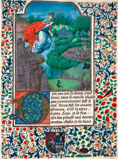 Criação, o sétimo dia: o Criador voa sobre o seu trabalho. Paisagem com animais. Miniatura do Livro de Horas da Condessa de Bretiandos. de Unknown artist