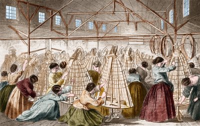 Fábricas de crinolinas: aros de assentamento. Gravura de 1865. de Unknown artist