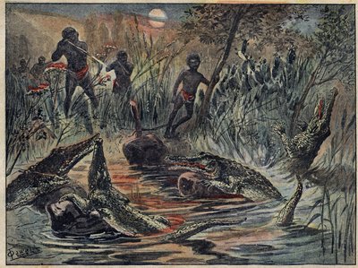 Caça ao crocodilo no Níger com uma criança como isca. Ilustração em "Le Pelerin" de 4 de dezembro de Unknown artist