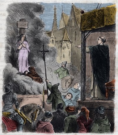 Cruzada contra os Albigeois - Hereges queimados vivos: Os cátaros na fogueira, na época da cruzada contra os Albigenses na França do século XIII - Gravura de 1879 em "Histoire des Societes Secretes, Politiques et Religions" de Pierre Zaccone (1817 de Unknown artist