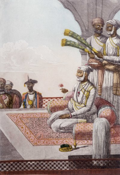 Cultura, Civilização e Sociedade Indiana: Retrato de um Radjah (Rajah) soberano do Brahman, Índia. Gravura de 1808. de Unknown artist