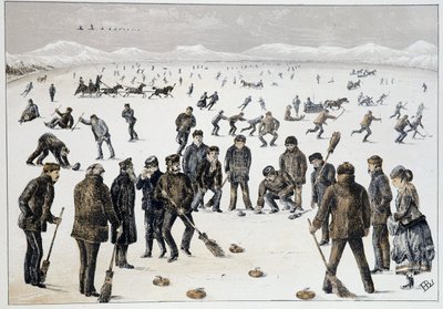 Curling em um lago congelado perto de Halifax, Nova Escócia - em "Sketches of canadian sports and pastimes" por Lieut. Henry Buckton Laurence de Unknown artist