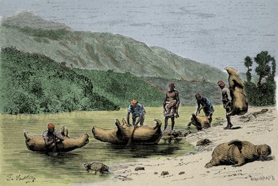 Costumes e métodos de transporte: peles de animais inflados utilizados para atravessar rios. Gravura do século XIX de Unknown artist