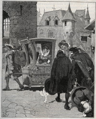 Cutelaria: barqueiros rodeiam a cadeira de Marie de Rabutin-Chantal (Rabutin Chantal), Marquise de Sevigne dit Madame de Sevigne (1626-1696) para lhe vender facas quando chegou a Nogent (Haute Marne) em 1675. Gravura a partir de 1885 em "Les arts et metier de Unknown artist