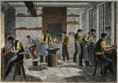 Oficina de cutelaria em França, no século XIX. Gravura a partir de 1885 em "Les arts et metiers illustres" de Adolphe BITARD. de Unknown artist