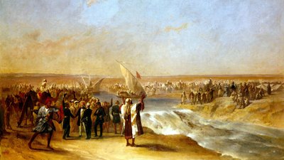 Cortando a seção final da bacia na planície de Suez por Sua Excelência Ali Pascha em 15 de agosto de 1869 de Unknown
