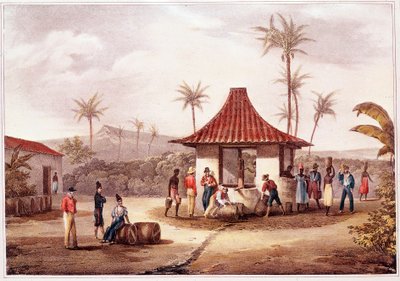 Vida quotidiana em Cabo Verde (Cabo Verde) Moradores de uma travessia de aldeia na fonte. Litografia do século XIX. Arquivo Histórico de Lisboa de Outremer de Unknown artist