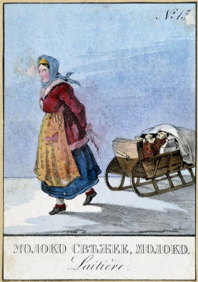 Mulher leiteira na Rússia que carrega as suas latas de leite numa marreta, Bibl. des Arts Deco. de Unknown artist