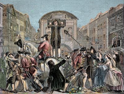 Daniel Defoe (De Foe) (1659-1731), desfiladeiro em Londres em 1703 por publicar seu irônico "The Shortest Way With the Dissenters" - O escritor e aventureiro Daniel Defoe (1659-1731) condenado em 1703 ao desfiladeiro por seus roteiros contra a int de Unknown artist