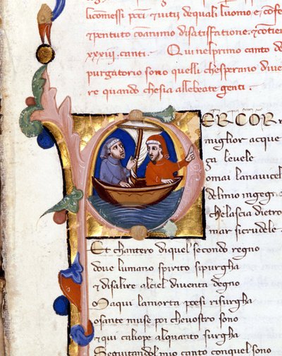 Dante Alighieri: Divina Commedia (Divina Comédia) incipit do Purgatório. Dante et Virgil. manuscrito do século 14. bíblia de Milão. Trivulziana de Unknown artist