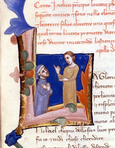 Dante saudado por Bèatrice na entrada do Paraíso. (lettrina "L") manuscrito do século XIV da Divina Commedia (Divina Comédia) Milano biblioteca Trivulziana de Unknown artist