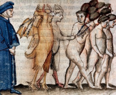Dante conhece Venedico Caccianemico no círculo dos chulos (canção 18 do Inferno, na Divina Comédia) - miniatura do século XV de Unknown artist