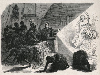 David Livingstone (1813-1873) missionário e explorador escocês com a lanterna mágica no Balonda. de Unknown artist