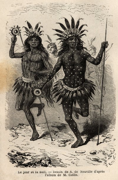 Dia e noite, quadros sobre o corpo dos dançarinos da cerimônia religiosa e expiação, executados pelos chefes e seus companheiros, entre os índios Mandans (ou noumah ka kie: faisões), na margem esquerda do Missouri. Gravura para ilustrar uma excursão de Unknown artist