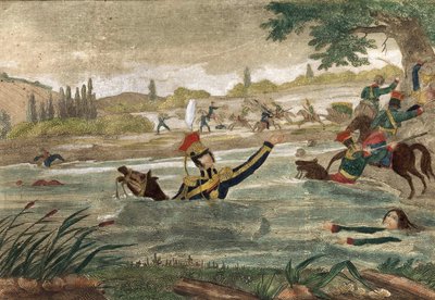 Morte do Príncipe José (Jozef) Antoni Poniatowski (nascido em 1763) na passagem do Eelster em 1813, gravura da época de Unknown artist