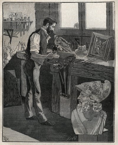 Decoração de talheres de prata: cinzelador de bronze. Gravura de 1885 em "Les arts et metiers illustres" de Adolphe BITARD. de Unknown artist
