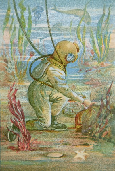 Deep Sea Diver, c.1890 (cor litho) de Unknown artist