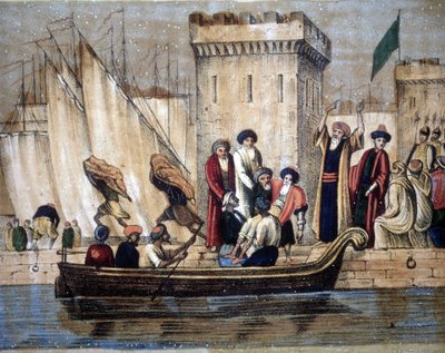 Partida dos Mouros de Argel, após a colonização dos franceses, Uma idade ou um homem doente é carregado num barco. Século XIX de Unknown artist
