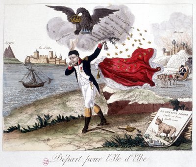 Partida para a ilha de Elba: Napoleão segurando um sino, uma águia imperial acima lembrando-o de seus títulos, Moscou em chamas ao fundo, e em primeiro plano: Fábula de Lafontaine: "o sapo que queria ser maior que o boi" (o p de Unknown artist