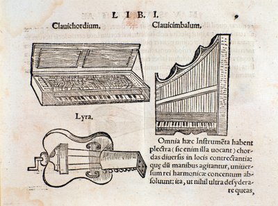 Descrição de Cravo e Lira (?) Página de Musurgia sua praxis musicae de Unknown artist