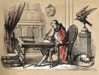 Descrição de diferentes produtos e usos do papel: retrato de Georges Louis Leclerc, Conde de Buffon, naturalista e escritor (1707-1788) escrevendo sua História Natural. Placa "Le papier et ses produits" em "les Recreations instructives" Synoptique pai de Unknown artist