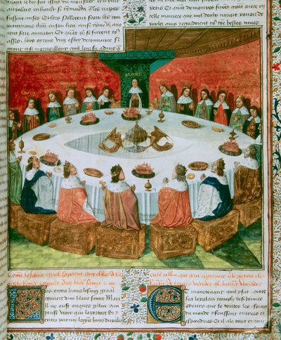 Detalhe de: O Rei Artur e os Cavaleiros da Távola Redonda que assistiram à Aparição do Santo Graal. (O Rei Artur e os Cavaleiros da Távola Redonda). Iluminação ilustrando um manuscrito do "Quete do Santo Graal", c. 1470. Folio 5 do Fre de Unknown artist