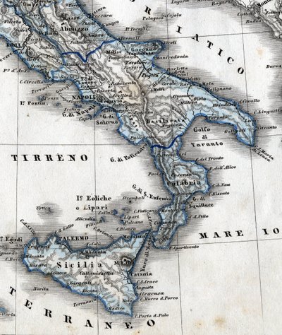 Detalhe de um mapa geográfico representando o sul da Itália (regiões Campania, Calábria, Sicília, Apúlia, Molise Abruzzo). Século XIX de Unknown artist