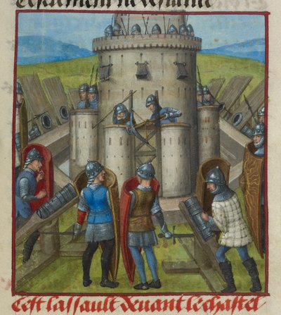 Pormenor de uma miniatura representando um assalto ao castelo, de 