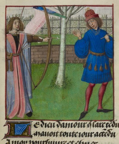 Pormenor de uma miniatura de Amour (Amor) visando o Amante com arco e flecha, de 