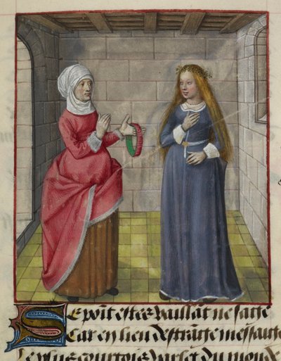Detalhe de uma miniatura de la Vieille (a Duena) e Bel Accueil (boas-vindas justas), de 