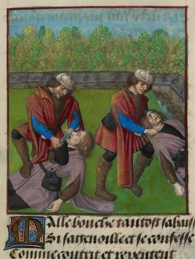 Detalhe de uma miniatura mostrando Abstinência Contrainte (Abstinência Forçada) e Falso Semblante (Falso Aparente) matando Malebouche (Língua Maligna), e cortando-lhe a língua , de 