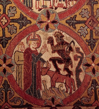 Detalhe de um bordado retratando a Tentação de São Martinho. Tapeçaria islandesa. 1390-1403. Paris, Museu Nacional da Idade Média, Termas de Cluny. de Unknown artist