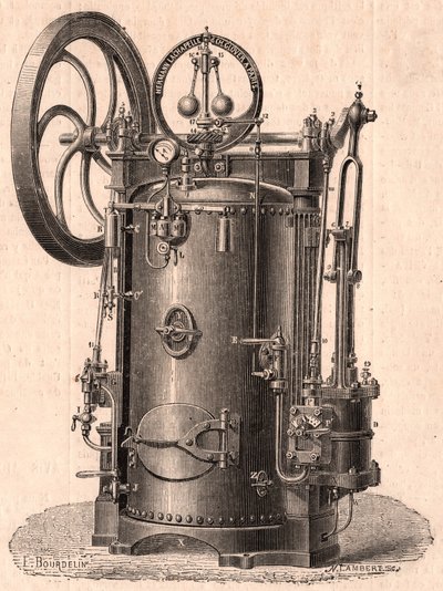 Vista técnica detalhada de um pequeno motor a vapor produzido em Paris em 1866: caldeira, cilindro, pistão, biela e volante de Unknown