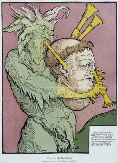 Diabo a tocar gaita-de-foles com cabeça de monge - gravura de Unknown artist