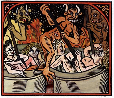 Diabos cozinhando homens em caldeirões no inferno de Unknown artist