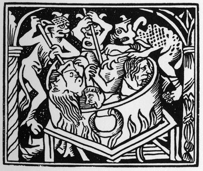 Diabos atormentando o exuberante poço de fogo e enxofre - em "Grand Calendrier et Compost des Bergers", Lyon de Unknown artist