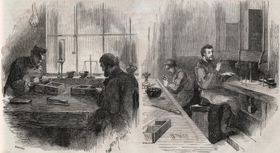 Corte de diamantes em oficina na Holanda: divisores e polidores - Gravura no "Le Monde Illustré de Unknown artist