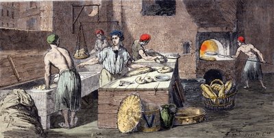 Diferentes atividades dos padeiros: a mascara de pão, a preparação de pães, a cozedura. Gravura do século XIX de Unknown artist