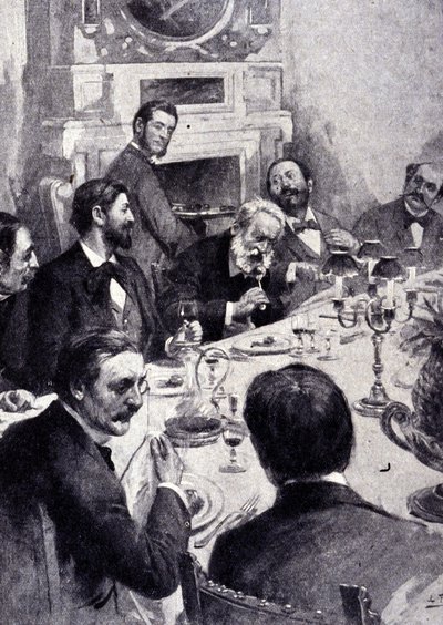 Jantar à mesa por Victor Hugo com Jean Mounet Sully (Mounet-Sully) (1841 - 1916), ator francês. Gravura do século XIX. de Unknown artist