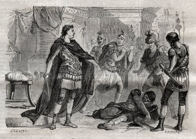 Diocleciano (Caius Aurelius Valerius Diocletianus Augustus) (244-311) morrendo Lucius Flavius Aer - gravado em "Dictionnaire populaire illustrious" - 1864 - por Joseph December e Edmond Allonier - de Unknown artist